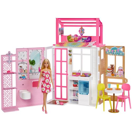 Puppenhaus BARBIE "klappbar inkl. Puppe (blond) und Zubehör" Puppenhäuser rosa (rosa, weiß) Kinder Altersempfehlung zum Mitnehmen; klappbar