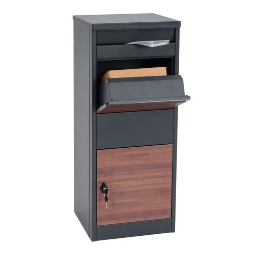 Paketkasten MCW-G80, Paketbox Standbriefkasten Briefkasten Größe L ~ verzinkt anthrazit, Holzoptik dunkel