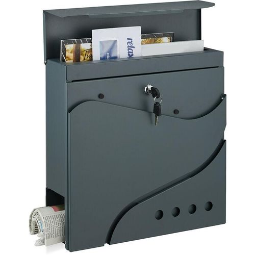 Relaxdays Briefkasten mit Zeitungsfach, 2 Schlüssel, HBT: 37 x 37 x 11 cm, Stahl, moderner Wand-Postkasten, anthrazit