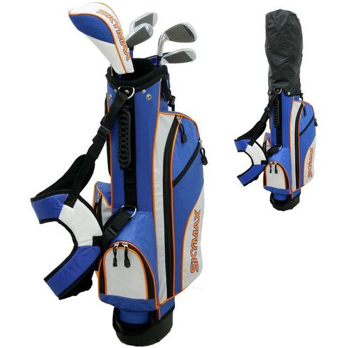Junior Set Golftasche mit 6 Golfschlägern, Blau-Weiß, Golf Caddybag Kinderset 6-9 rh mit 4 Fächern und Regenschutzhülle, Wasserdicht, Golfbag