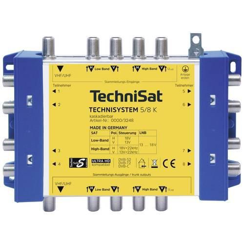 TechniSat Technisystem 5/8 K, Kaskade SAT Multischalter Kaskade Eingänge (Multischalter): 5 (4 SAT/1 terrestrisch) Teilnehmer-Anzahl: 8