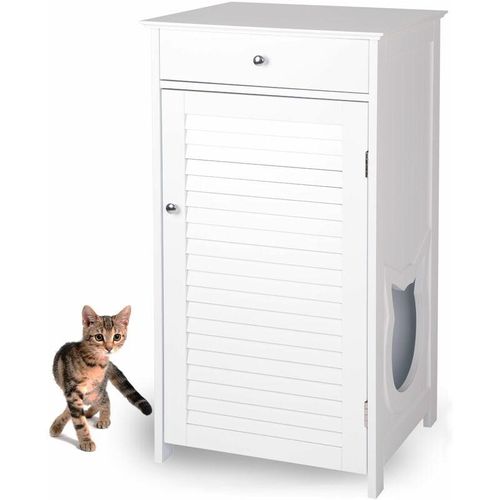 Katzenschrank für Katzentoilette groß hoch aus Holz, Katzenklo-Schrank Katzen-Kommode mit Schublade und Tür geschlossen, Design Katzen-Haus Toilette