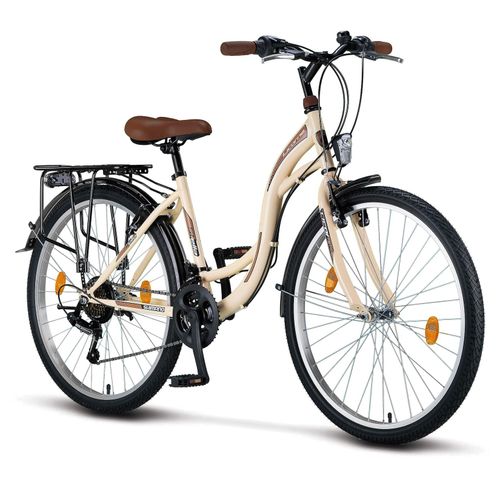 Licorne Bike Stella Premium City Bike 20,24,26 und 28 Zoll Fahrrad für Mädchen Herren und Damen 21 Gang (6 Gang bei 20 Zoll) Holland Citybike Zoll:26;Farbe:Beige