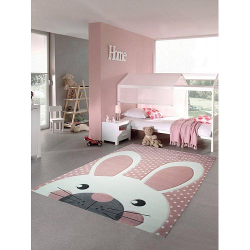 Kinderteppich Kinderteppich Spielteppich Teppich Kinderzimmer Babyteppich Hase in Rosa Weiss Grau