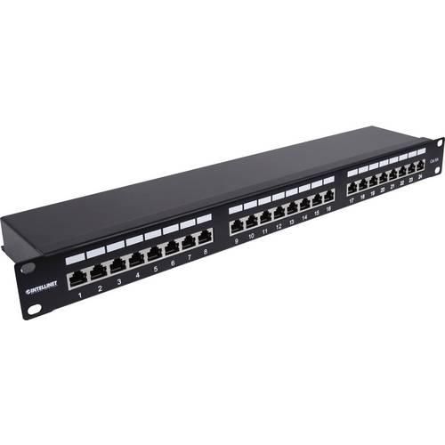 Intellinet 24-Port Cat6a Patchpanel geschirmt 1HE Kabeleinführung 90° abgewinkelt schwarz 24 Port Patch-Panel 483 mm (19) 1 HE Schwarz Bestückt