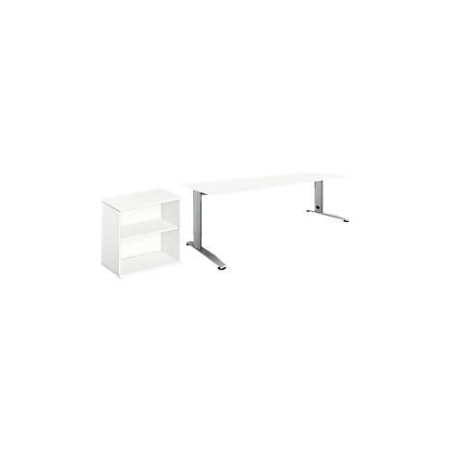 2 tlg. Büromöbel-Set Schäfer Shop Select Login, Schreibtisch, B 1600 mm, weiß/weißaluminium RAL 9006 + Anstell-/Aufsatz-Regal 2OH in Weiß