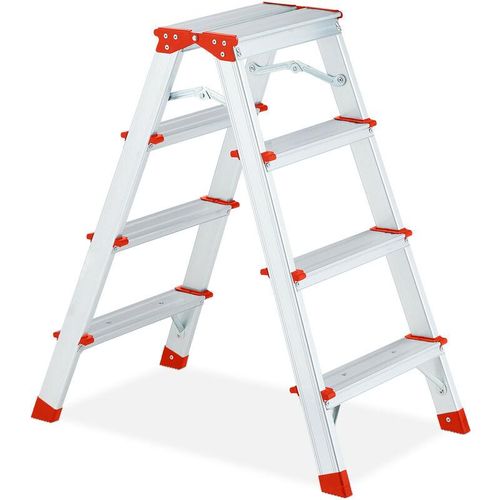 Relaxdays – Trittleiter klappbar, 4 Stufen, Treppenleiter Aluminium, Leiter bis 120 kg, hbt 80 x 42,5 x 63,5cm, silber/rot