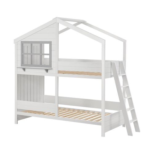 Juskys Kinder Hochbett Traumhaus 90x200 cm - Kinderbett mit Dach, 2 Betten & Lattenrost - Bett Weiß