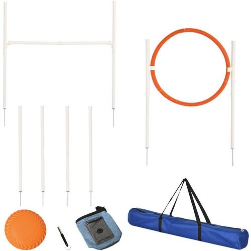 Agility-Set, 5-teilig, inkl. Springhürde, Sprungring, Frisbee, höhenverstellbar, mit Tragetasche – Weiß+Blau+Rot+Orange