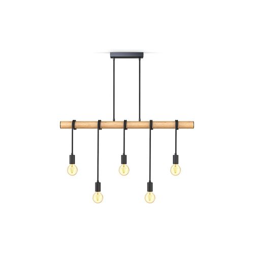 Pendelleuchte, Holz, Metall schwarz, 5xE27 exkl.
