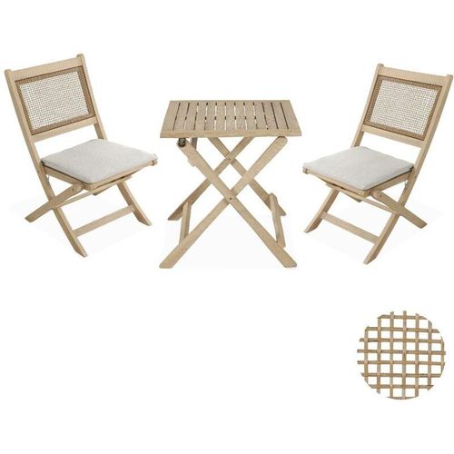 sweeek – Klappbarer Bistro-Gartentisch Holz 2 Stühle Holzfarben / Beige – Holzfarben