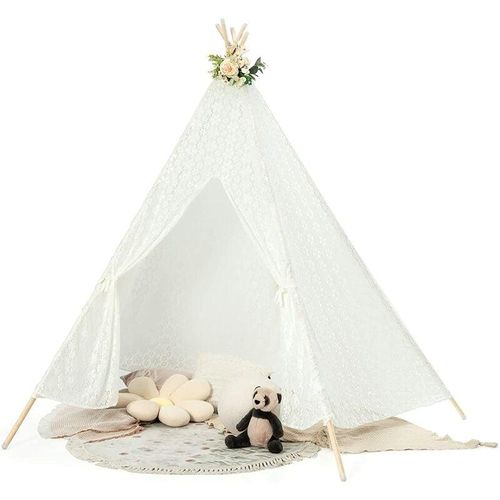 Tipi Zelt Spielzelt, Spitzen-Kinderzelt mit bunten Lichterketten, 120 x 120 x 140 cm, für Maedchen und Maedchen für Zuhause und Garten, weiss