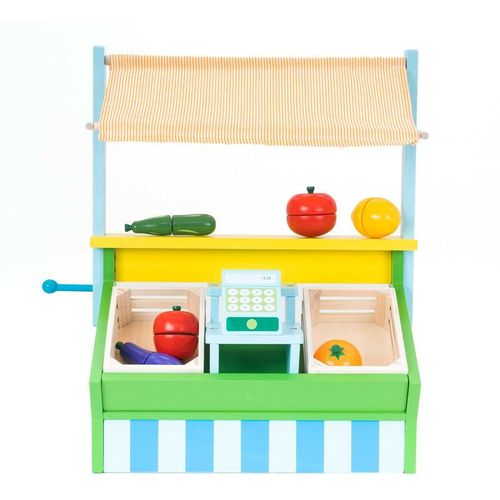 Robincool - Supermarkt Spielzeug Montessori Vegetable Market 42x20x45,2 cm aus Öko-Holz Vordach, Registrierkasse und Zubehör