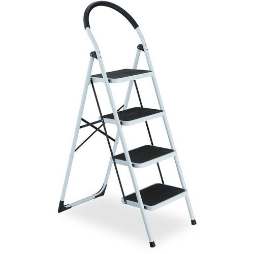 Trittleiter, klappbare Haushaltsleiter, 4 Stufen, bis 150 kg, Stufenleiter mit Haltegriff, Stahl, weiß/schwarz – Relaxdays