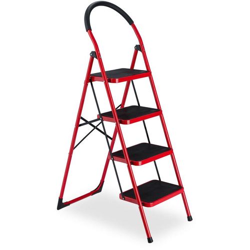 Trittleiter, klappbare Haushaltsleiter, 4 Stufen, bis 150 kg, Stufenleiter mit Haltegriff, Stahl, rot/schwarz – Relaxdays