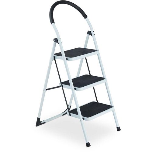 Trittleiter, klappbare Haushaltsleiter, 3 Stufen, bis 150 kg, Stufenleiter mit Haltegriff, Stahl, weiß/schwarz – Relaxdays