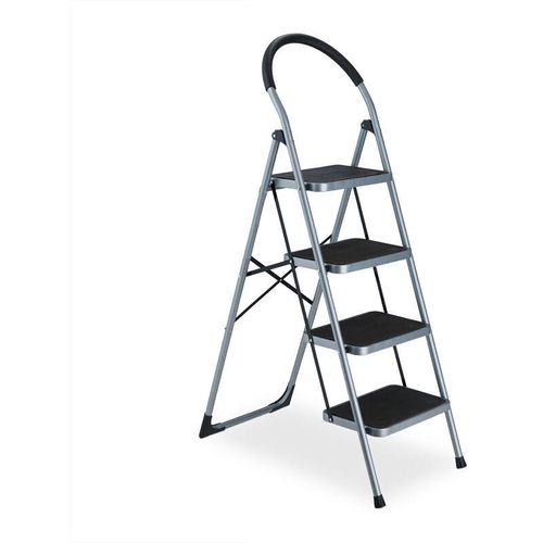 Trittleiter, klappbare Haushaltsleiter, 4 Stufen, bis 150 kg, Stufenleiter mit Haltegriff, Stahl, grau/schwarz – Relaxdays