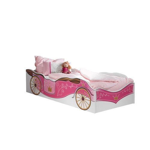 Kinderbett Zoe mit Kutschenmotiv + inkl Matratze 90*200 cm weiß - pink