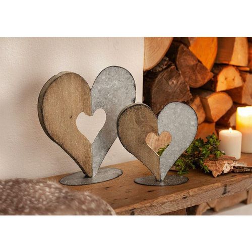 2x Herzdeko Materialmix aus Holz & Metall im Shabby Look, Dekoherz, Hochzeitsdeko