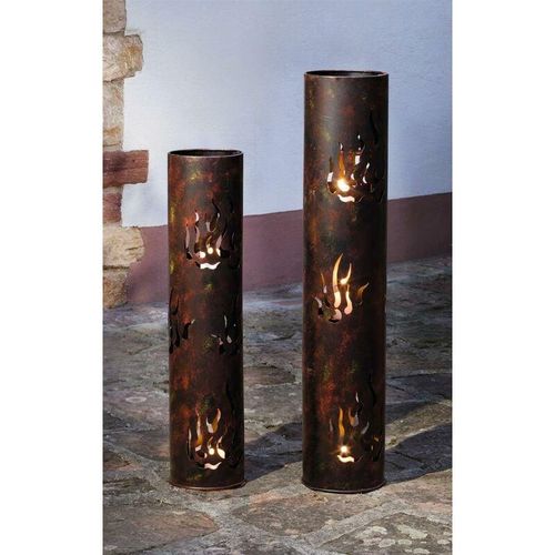 2 Windlichtsäulen Flammen aus Metall, 80 + 99 cm hoch, Kerzenhalter, Bodenwindlicht, Dekosäule mit Kerzenglas, Metallsäule, Kerzensäule
