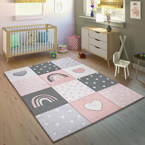 Paco Home - Kinderteppich Kinderzimmer Teppich Kurzflor Regenbogen Herz Punkte Rosa Weiß 200 cm Rund
