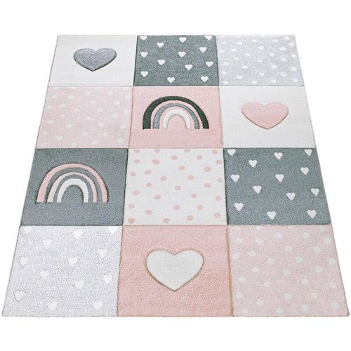 Paco Home - Kinderteppich Kinderzimmer Teppich Kurzflor Regenbogen Herz Punkte Rosa Weiß 200x290 cm