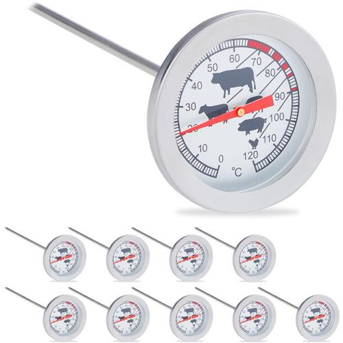 Relaxdays – 10 x Einstichthermometer analog, Braten Grillthermometer, Edelstahl Fleischthermometer, 20 cm, silber
