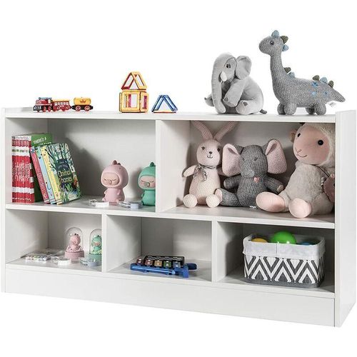 Kinder Spielzeugschrank Bücherregal Holz, mit 2 grossen Faechern und 3 kleinen Faechern, offen, für Spielzeug, Puppen und Büche, 111 x 30 x 61,5cm,