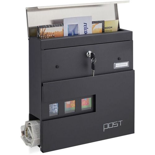 Briefkasten mit Zeitungsfach, Sichtfenster, hbt 37x37x11 cm, 2 Schlüssel, Stahl, moderner Postkasten, schwarz – Relaxdays