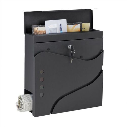 Relaxdays Briefkasten mit Zeitungsfach, HBT 37 x 37 x 11 cm, 2 Schlüssel, Stahl, moderner Postkasten mit Muster, schwarz