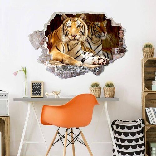 3D Wandtattoo Wohnzimmer wilde Tiger Katzen Wandsticker Königstiger Fotokunst Mauerdurchbruch selbstklebend 60x41cm – bunt