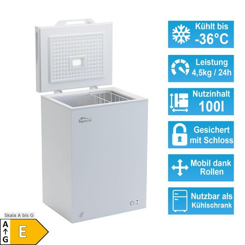 TroniTechnik® Gefriertruhe Kühltruhe BORGAR PRO mit 2in1 Gefrier- und Kühlfunktion 110 Liter, 169kwh/Jahr LED-Licht