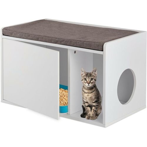 Relaxdays Katzenschrank mit Sitzauflage, 2in1 Katzenkommode & Sitzbank, HBT: 45,5 x 75 x 43 cm, für Katzenklo, weiß/grau