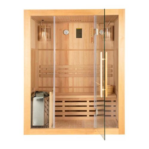 Traditionelle Sauna – Skyline l – 120 x 150 x 190 cm – für 2-3 Personen, Hemlocktanne, inkl. Saunaofen, Saunazubehör i Dampfsauna Aufgusssauna