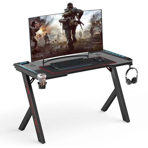Gaming Tisch rgb Computertisch für Gamer ergonomisch, Großer Oberfläche mit RGB-Beleuchtung, mit Getränkehalter Kopfhörerhalter, K-Form, 100x60x73cm