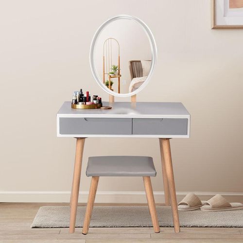 Coiffeuse avec led Miroir Style Moderne Table de maquillage et tabouret,Miroir ovale + 2 tiroirs - Blanc - Puluomis