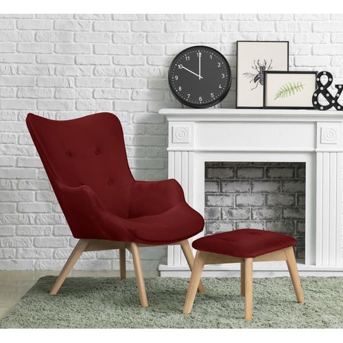 Sessel ANDAS „Nicko“ Gr. Samtoptik, incl. Hocker, B/H/T: 71 cm x 96 cm x 86 cm, rot (dunkelrot) Design-Sessel Einzelsessel Loungesessel Sessel mit Hocker wahlweise und ohne