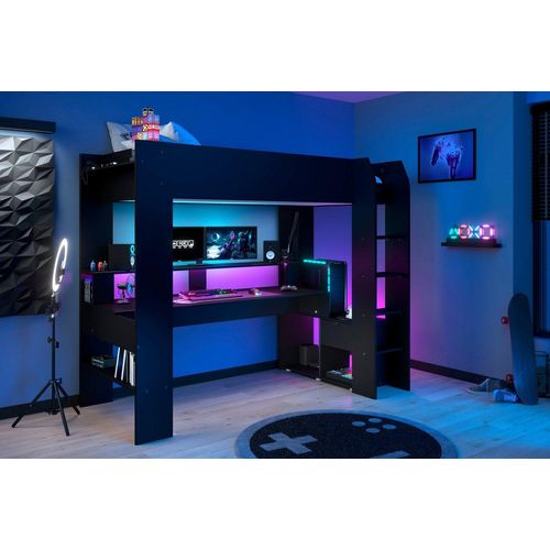 Parisot Hochbett Gaming-Bett, mit Schreibtisch, USB Anschluss, LED, viel Stauraum ideal für kleine Räume, TOPSELLER!, schwarz