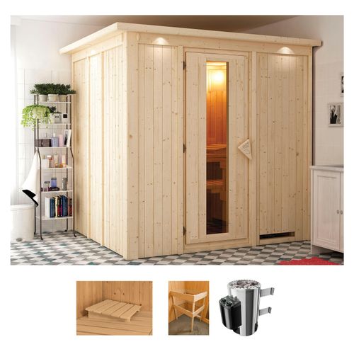 KARIBU Sauna „Ellin“ Saunen 3,6-kW-Plug & Play Ofen mit int. Steuerung beige (naturbelassen) Saunen