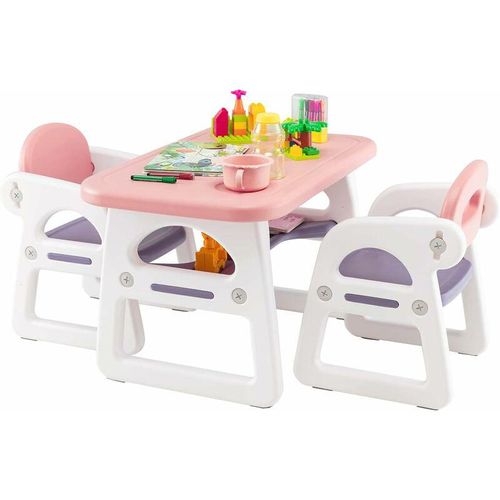 COSTWAY 3tlg. Kindersitzgruppe, Kindertisch mit 2 Stühlen, mit Ablagefach für 1–5 Jahre Rosa & Lila