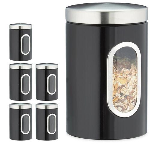 6 x Vorratsdose, 1,4 l, mit Deckel und Sichtfenster, für Kaffee, Mehl, Pasta, Aufbewahrungsdose Küche, Metall, schwarz