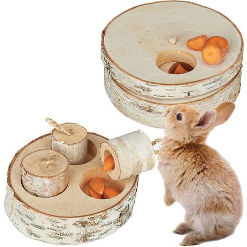 Relaxdays - Kaninchen Spielzeug, 2 tlg. Set, Intelligenzspielzeug, Holz, Beschäftigung Hasen & Meerschweinchen, natur