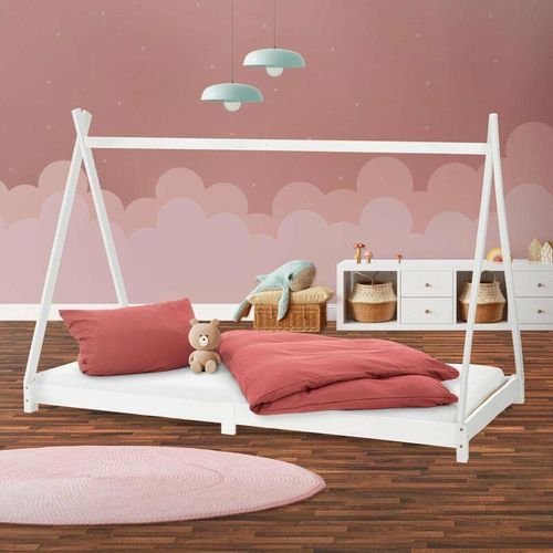 Kinderbett Tipi mit Lattenrost, 90×200 cm, Weiß, aus Kiefernholz, Indianer Bett für Mädchen & Jungen, Kinderhaus Jugendbett Holzbett Bettenhaus