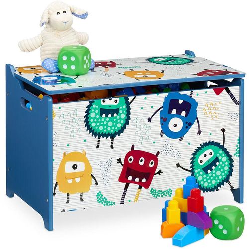 Spielzeugtruhe, Monster-Design, Spielzeugkiste mit Deckel, hbt: 39x60x36,5 cm, mdf, Spielzeugbox, blau/weiß - Relaxdays
