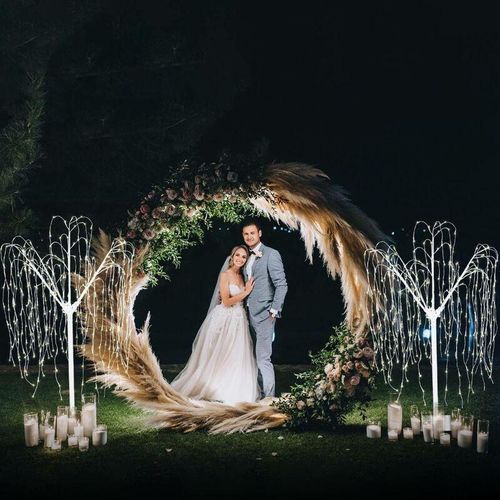 Monster Shop – Hochzeit Ballonbogen 200cm Moongate Weiß 2m & 2 Trauerweiden Weiß warmweiße LEDs Weidebaum Weide Hochzeit Hintergrund Dekor Blumen