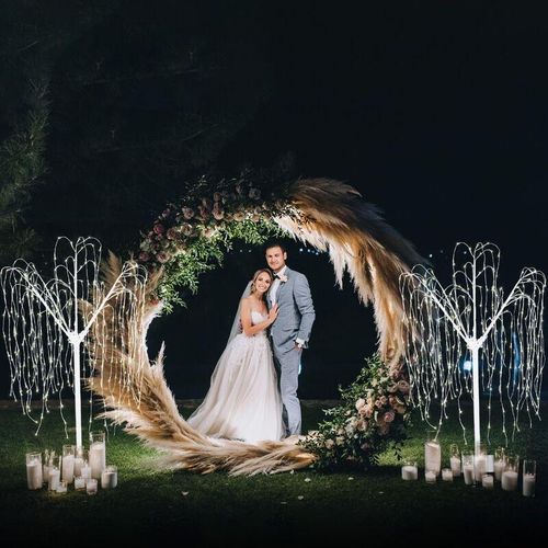 Monster Shop – Hochzeit Ballonbogen 200cm Moongate Gold 2m & 2 Trauerweiden Weiß warmweiße LEDs Weidebaum Weide Hochzeit Hintergrund Dekor Blumen