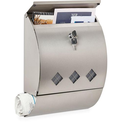 Briefkasten Edelstahl, Postkasten mit Zeitungsfach & Sichtfenster, hbt: 40 x 30 x 12,5 cm, 2 Schlüssel, silber – Relaxdays
