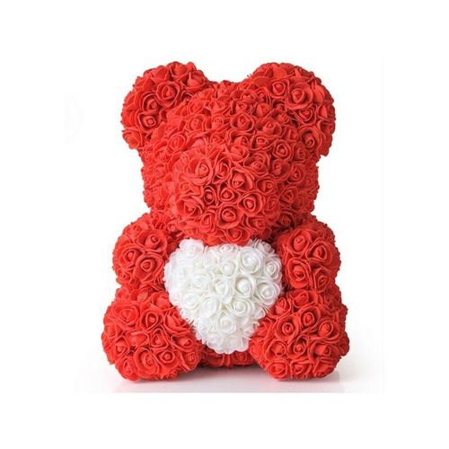 Teddybär, 40 cm, rote rose, mit blumen und weissem herz