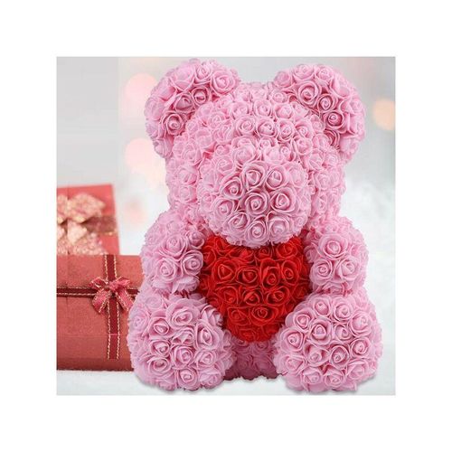 Trade Shop Traesio - teddybär, 25 cm, rosa, mit blumen und rotem herz
