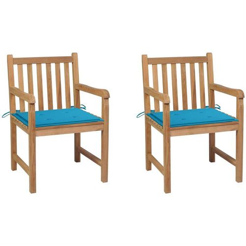 2er Set Gartenstühle Gartensessel Balkonstühle – mit Blauen Kissen Massivholz Teak BV276286 Bonnevie Blau